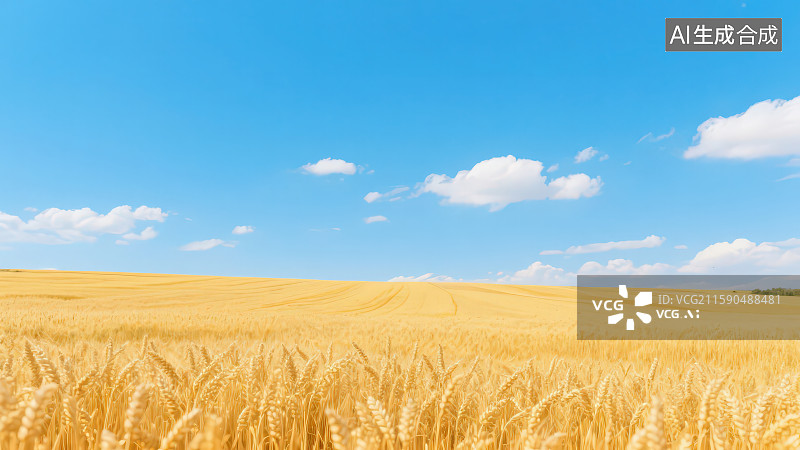 【AI数字艺术】蓝天白云下一片成熟的麦穗饱满的金黄色丰收小麦麦田图片素材