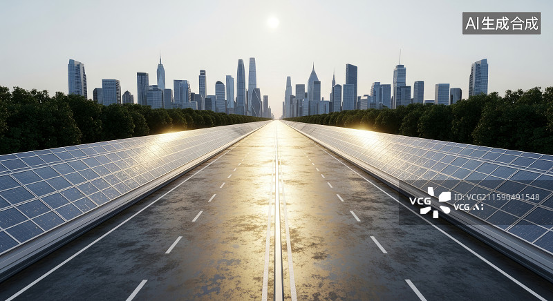 【AI数字艺术】城市道路太阳能板与天际线图片素材