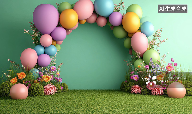 【AI数字艺术】草地上彩色气球拱门节日气氛场景图片素材