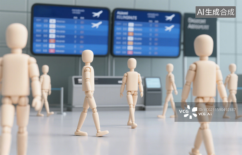 【AI数字艺术】3D三维卡通在等着办理登机手续走来走去的木制人体模型图片素材