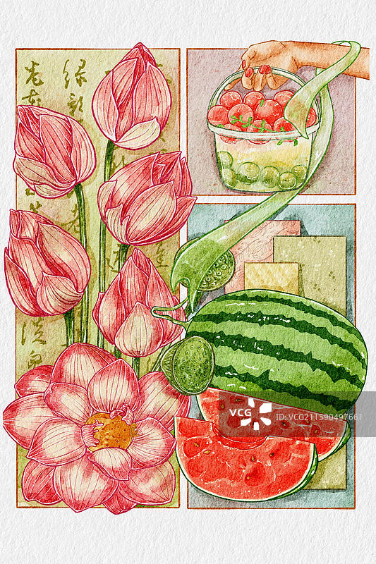 暑天水彩插画图片素材