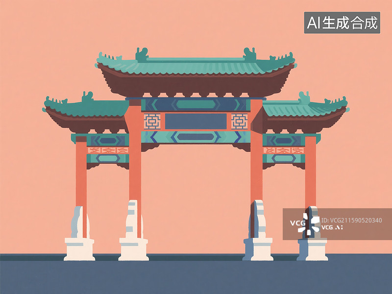 【AI数字艺术】扁平化风格中国传统牌坊插画图片素材