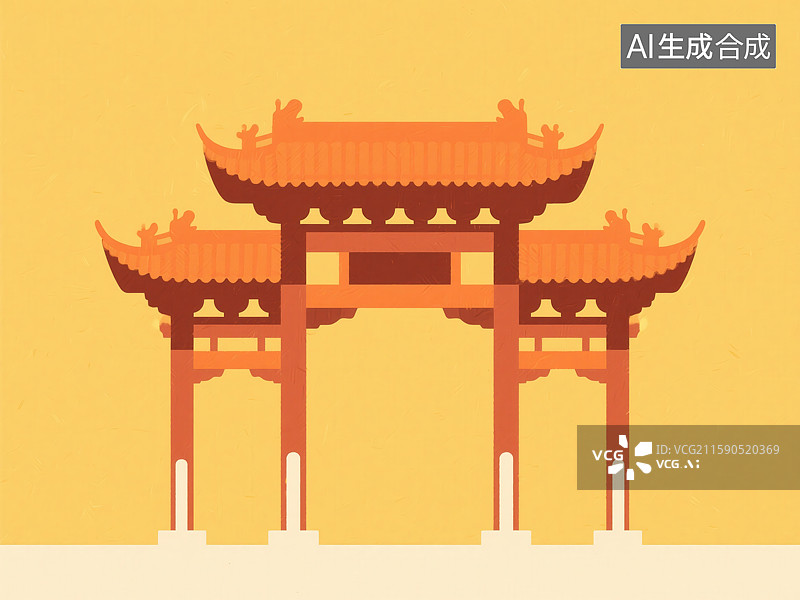 【AI数字艺术】扁平化风格中国传统牌坊插画图片素材