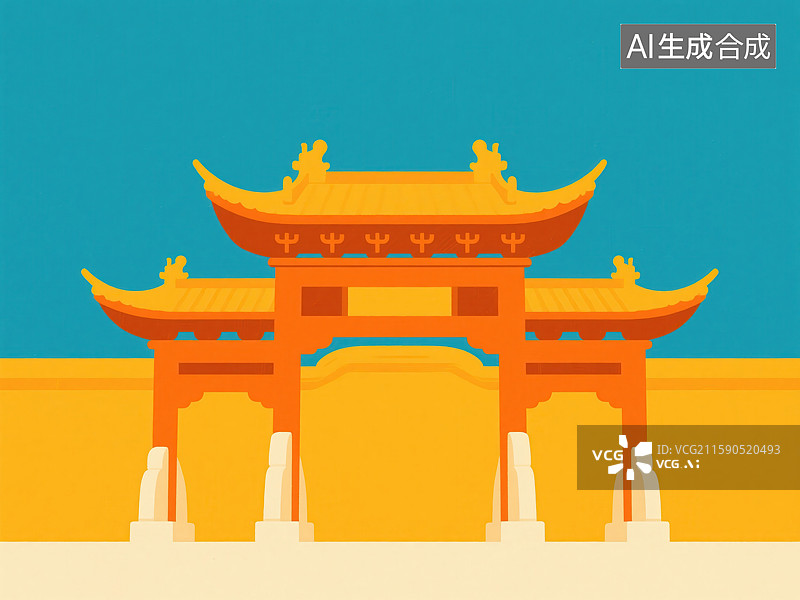 【AI数字艺术】扁平化风格中国传统牌坊插画图片素材