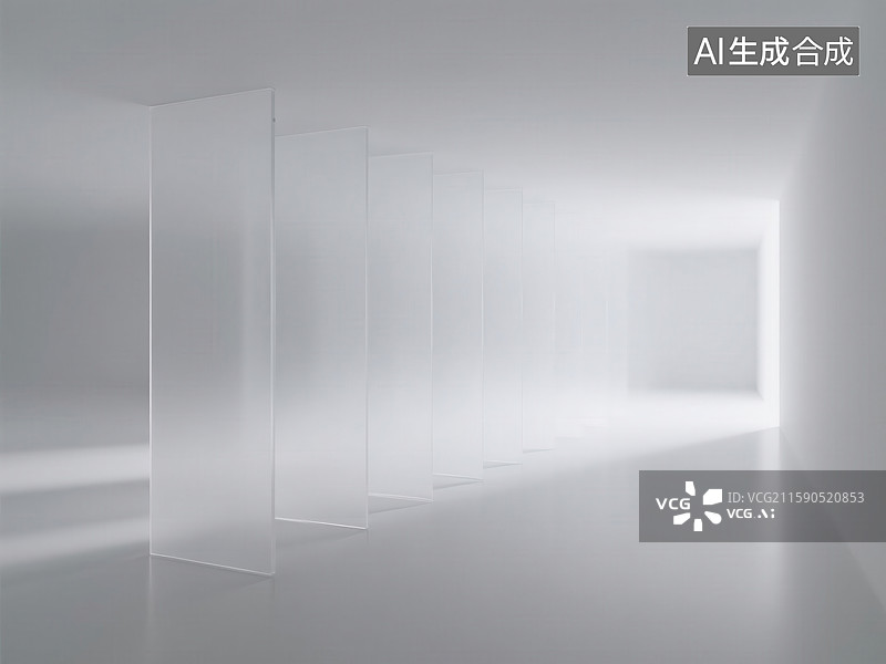 【AI数字艺术】极简主义通透玻璃隔断的光影空间艺术图片素材