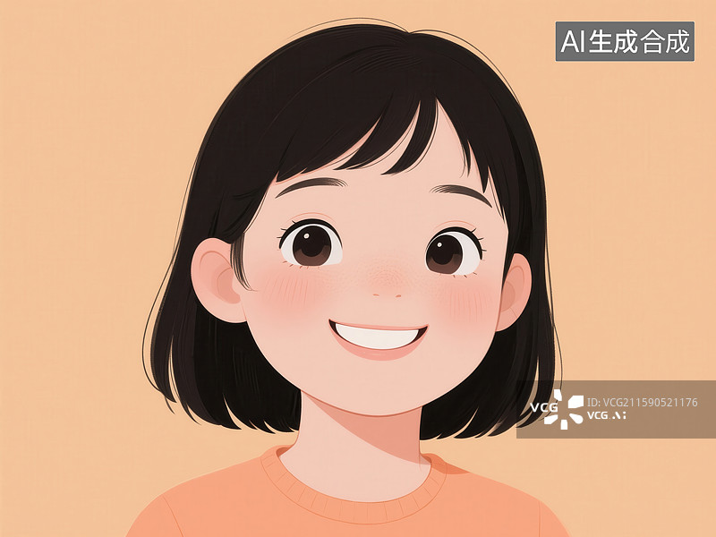 【AI数字艺术】卡通风格微笑少女头像插画图片素材