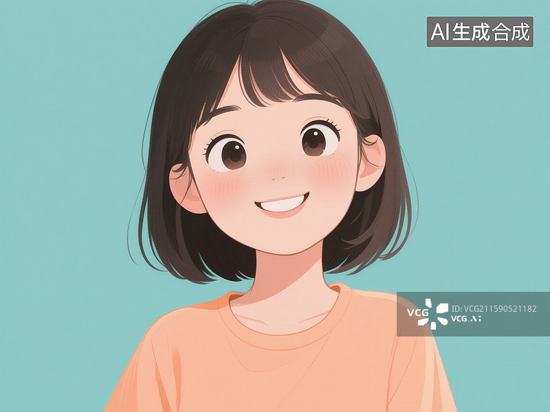 【AI数字艺术】卡通风格微笑少女头像插画图片素材