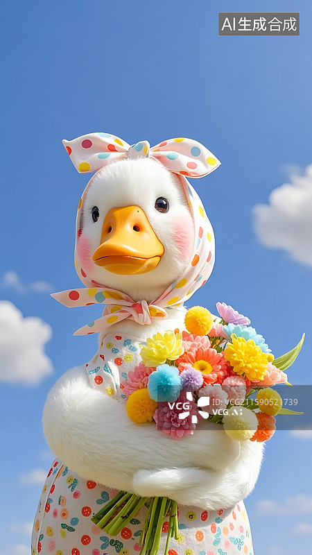 【AI数字艺术】戴着头巾的可爱小鸭子捧着鲜花图片素材
