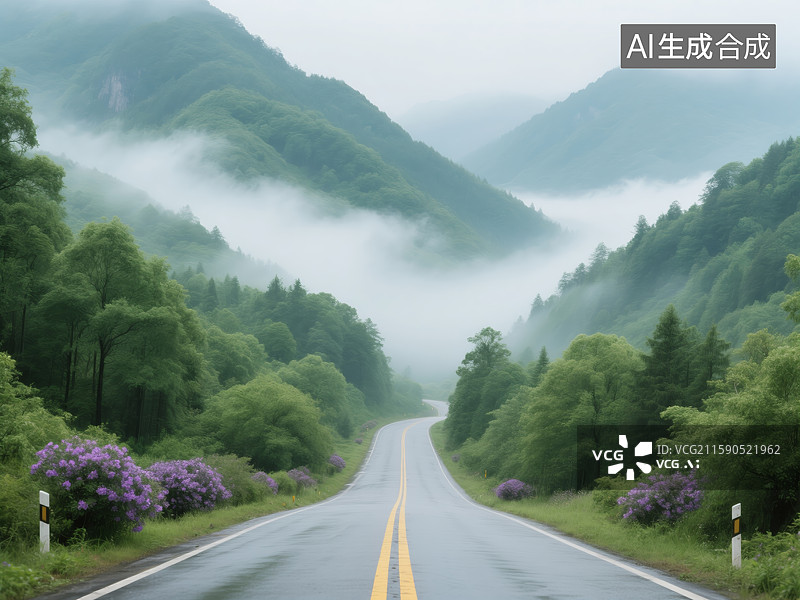 【AI数字艺术】山间雾气缭绕的公路图片素材
