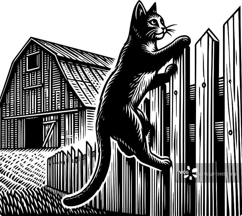 简单的谷仓猫爬上围栏的复古标志图标图片素材