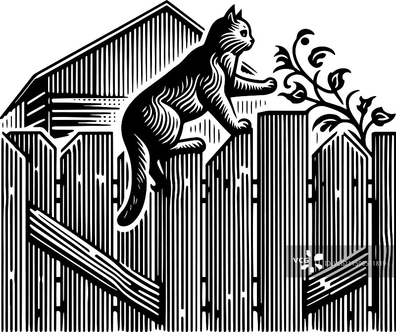 简单的谷仓猫爬上围栏的复古标志图标图片素材