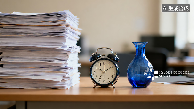 【AI数字艺术】书桌上的花瓶和闹钟和一堆文件图片素材