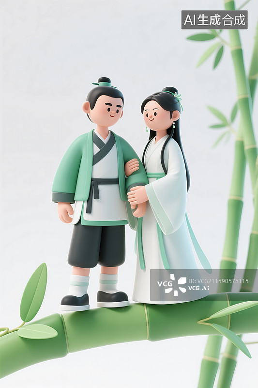 【AI数字艺术】竹子上一对古装情侣拉着手中国文化三维图图片素材