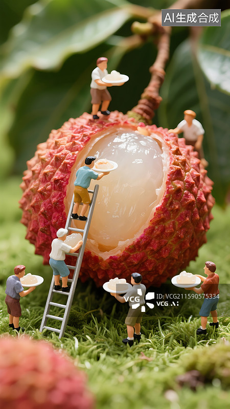 【AI数字艺术】微缩景观绿色草地上几个男性在登着梯子拿着盘子取荔枝肉三维图图片素材