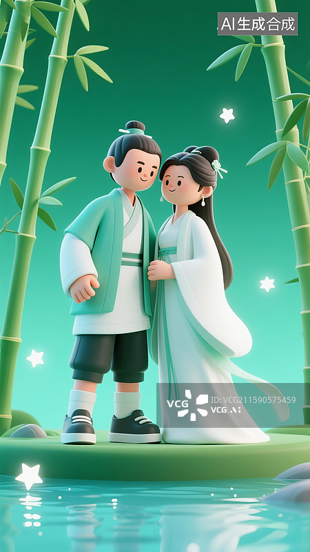 【AI数字艺术】小船上一对古装夫妻拉着手七夕节中国文化三维图图片素材