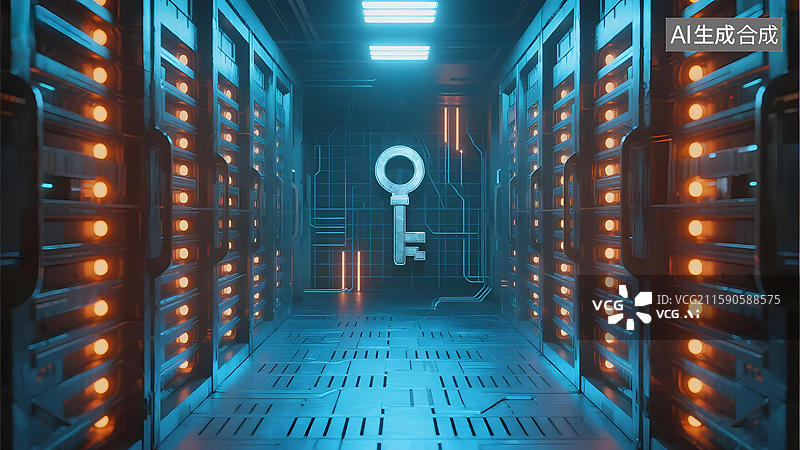 【AI数字艺术】未来科技走廊中的发光钥匙图片素材