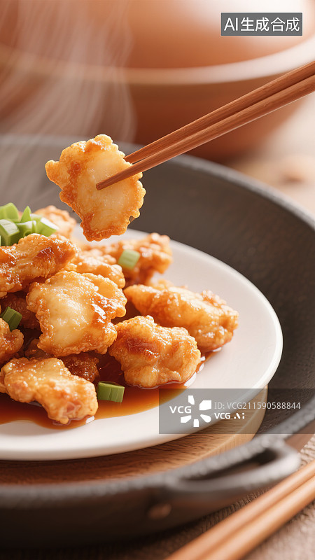 【AI数字艺术】中餐中华美食锅包肉溜肉段糖醋里脊家常菜小炒肉小酥肉年夜饭团圆饭餐厅外卖菜单铁锅盘子清蒸炒菜热气特写图片素材