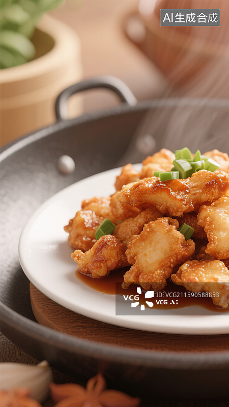 【AI数字艺术】中餐中华美食锅包肉溜肉段糖醋里脊家常菜小炒肉小酥肉年夜饭团圆饭餐厅外卖菜单铁锅盘子清蒸炒菜热气特写图片素材