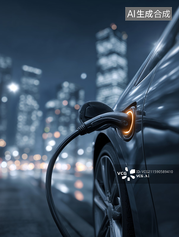 【AI数字艺术】城市夜景中电动车充电图片素材