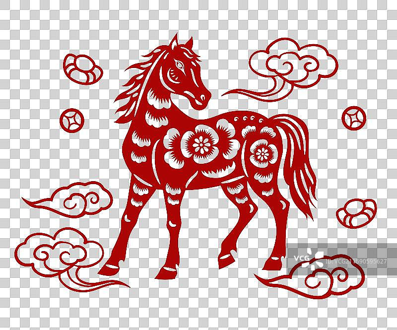 十二生肖剪纸马 2026年马年午马红色窗花新年元素图片素材