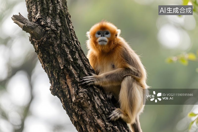 【AI数字艺术】坐在树干上的一只可爱的金丝猴图片素材