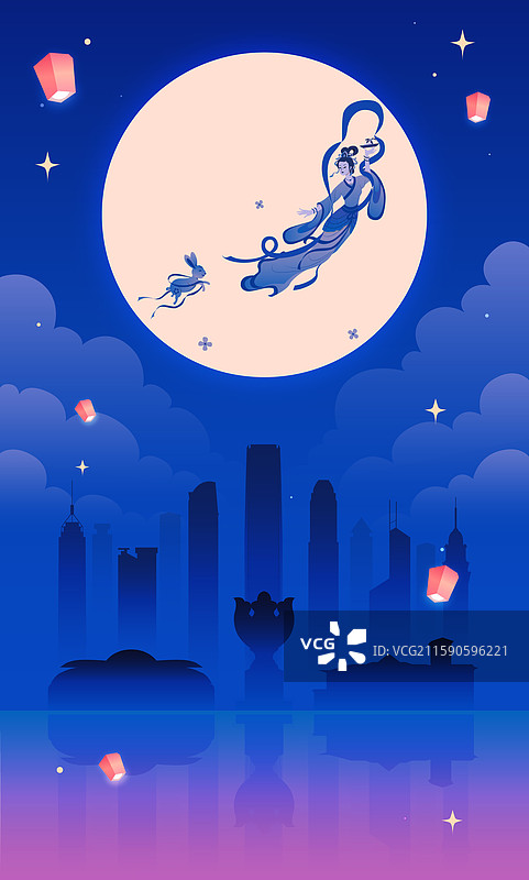 香港建筑中秋唯美月夜矢量插画图片素材