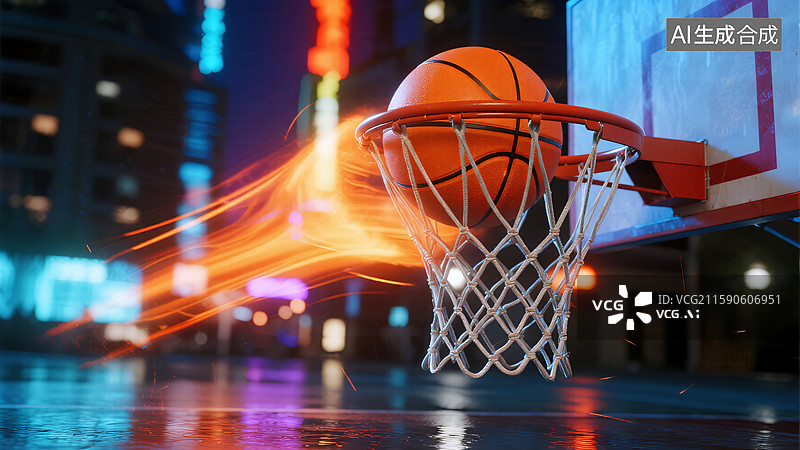 【AI数字艺术】霓虹之夜：篮球能量爆发图片素材