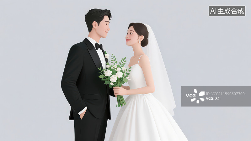 【AI数字艺术】卡通时尚幸福的穿着西服婚纱的新婚情侣夫妇合照图片素材