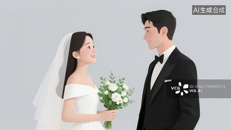 【AI数字艺术】卡通时尚幸福的穿着西服婚纱的新婚情侣夫妇合照图片素材