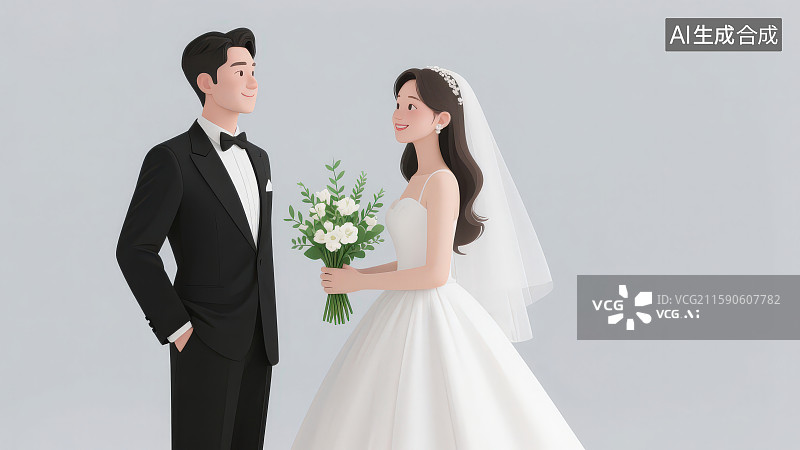 【AI数字艺术】卡通时尚幸福的穿着西服婚纱的新婚情侣夫妇合照图片素材