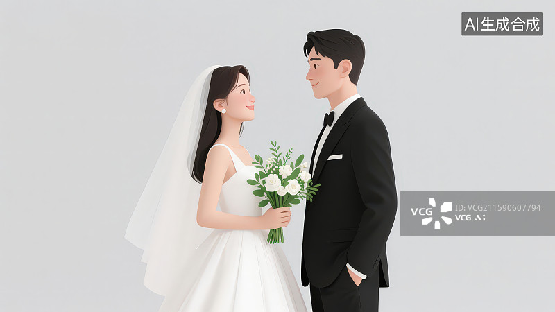 【AI数字艺术】卡通时尚幸福的穿着西服婚纱的新婚情侣夫妇合照图片素材
