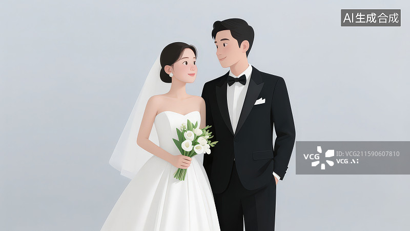 【AI数字艺术】卡通时尚幸福的穿着西服婚纱的新婚情侣夫妇合照图片素材
