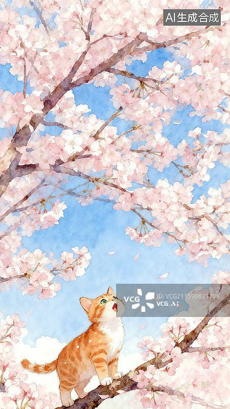 【AI数字艺术】樱花树上玩耍的可爱猫咪壁纸图片素材