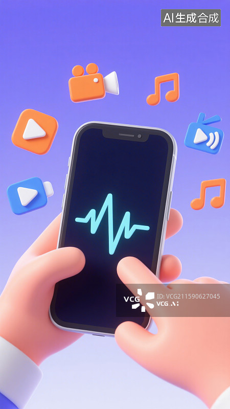 【AI数字艺术】3D三维手持手机使用多媒体软件屏幕声波图多元视听娱乐场景图片素材