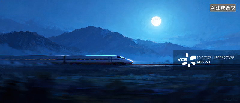 【AI数字艺术】月夜山间高速列车飞驰图片素材