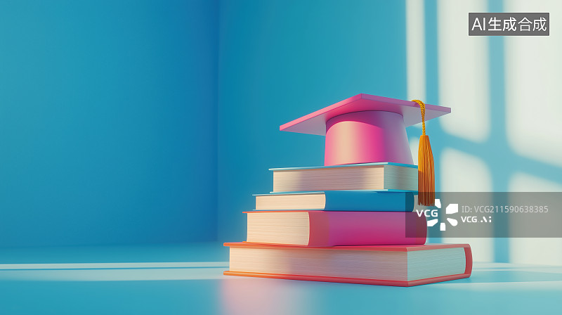 【AI数字艺术】3D三维叠放一沓书籍和学士帽知识在线教育毕业季插画图片素材