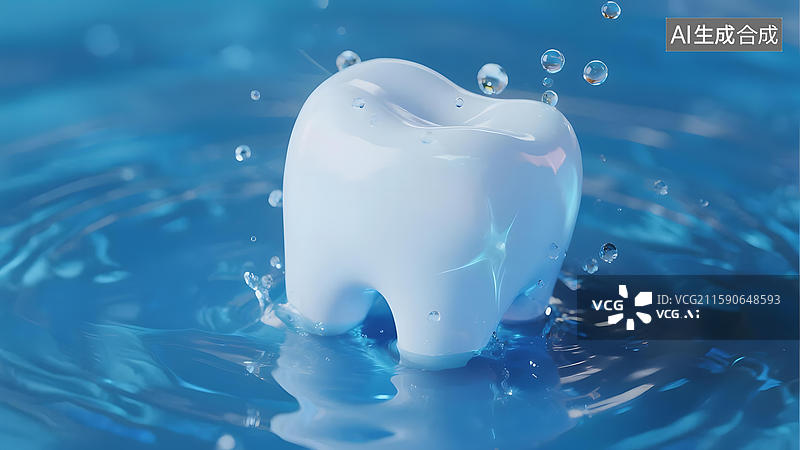 【AI数字艺术】白色牙齿模型置于蓝色水面上图片素材