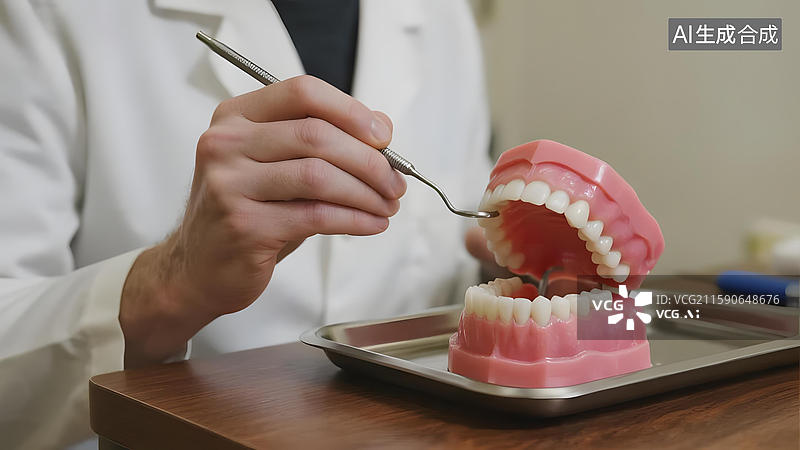 【AI数字艺术】牙医使用工具检查牙齿模型图片素材