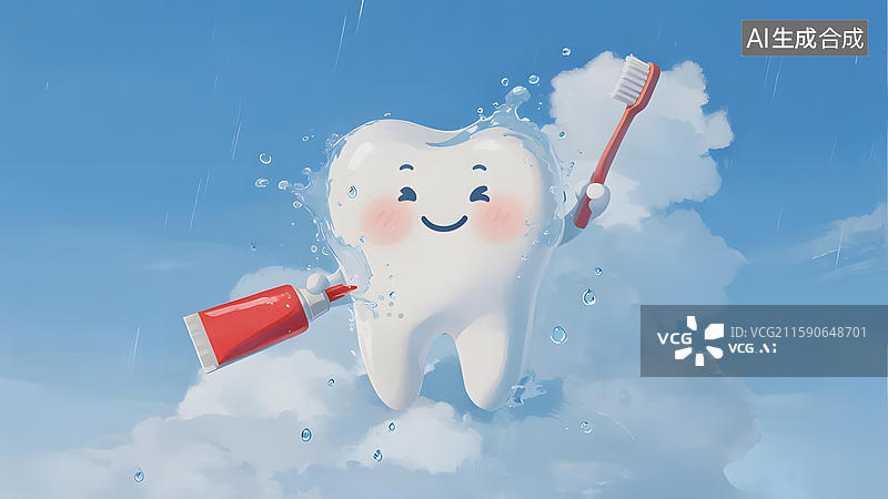 【AI数字艺术】卡通牙齿手持牙刷与漱口水瓶图片素材