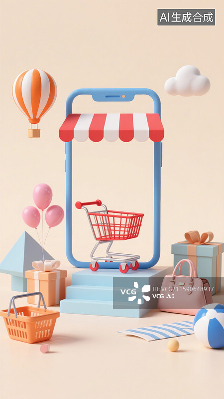 【AI数字艺术】3D三维手机线上平台购物车礼盒逛街购物电商服装店铺图片素材