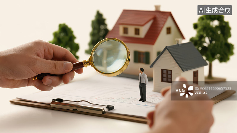 【AI数字艺术】放大镜审视房屋模型与合同图片素材