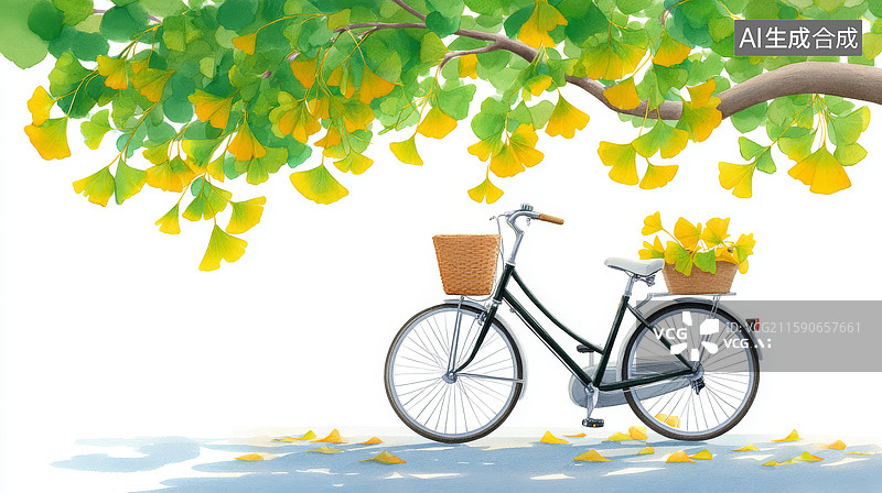 【AI数字艺术】银杏树下的小自行车图片素材