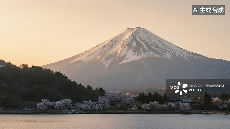 【AI数字艺术】富士山与樱花湖畔的宁静景色图片素材