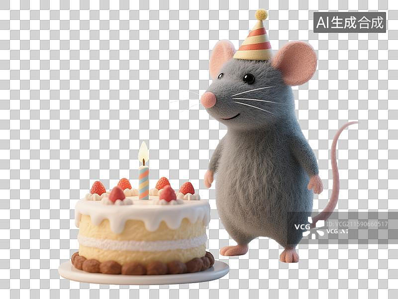 【AI数字艺术】创意老鼠戴着生日帽站在彩色蛋糕旁毛毡质感3D插画生肖庆祝和贺卡设计图片素材