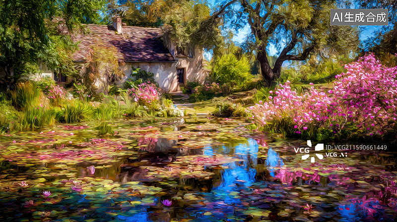【AI数字艺术】奇幻插画油画风格的迷人莫奈的花园房屋和莲花池粉红玫瑰、茂密的树木和倒影水面营造梦幻书籍封面海报艺术图片素材
