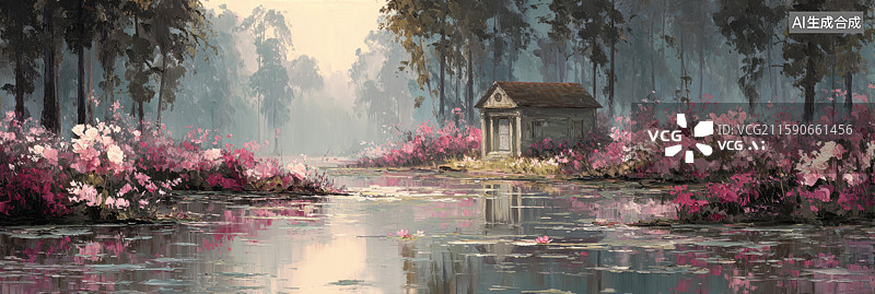 【AI数字艺术】奇幻插画油画风格的迷人莫奈的花园房屋和莲花池粉红玫瑰、茂密的树木和倒影水面营造梦幻书籍封面海报艺术图片素材