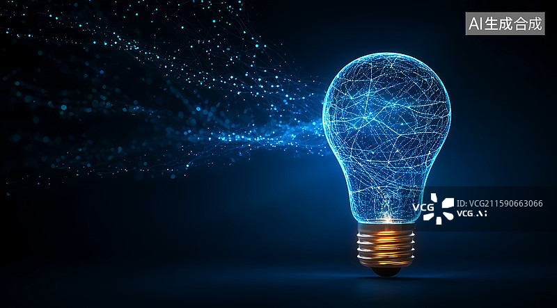 【AI数字艺术】深蓝色背景，灯泡的概念，创意的新想法与创新的技术和创意。图片素材
