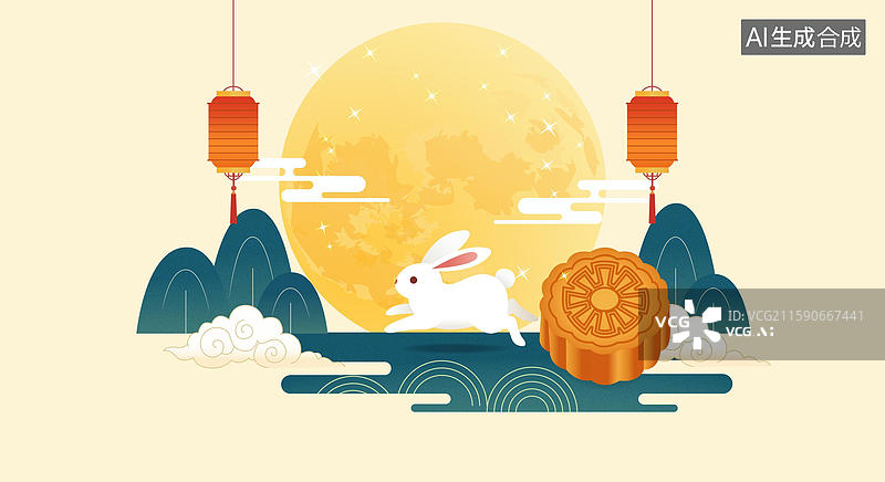 【AI数字艺术】中秋节月饼和玉兔插画图片素材