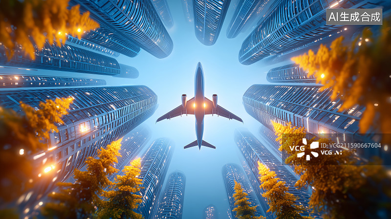 【AI数字艺术】未来城市中飞机飞越高楼图片素材