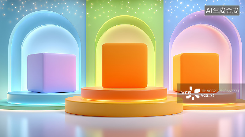 【AI数字艺术】彩虹拱门与圆形舞台的现代艺术场景图片素材